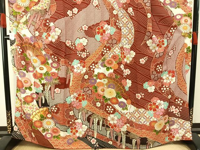 平和屋着物●豪華振袖 駒刺繍 扇面花文 金彩 銀通し地 正絹 逸品 AABI1376fy