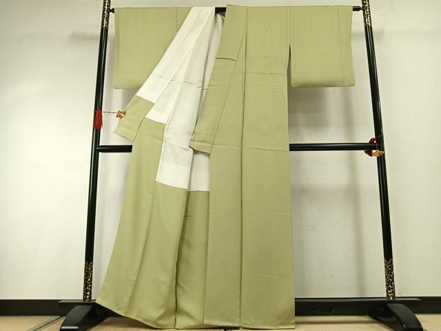 平和屋着物●上質な色無地 縞地紋 若芽色 正絹 逸品 AABI1393fy