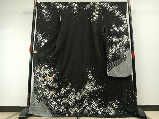 平和屋着物●豪華振袖 駒刺繍 絞り 舞花文 黒地 正絹 逸品 AABI1397fy