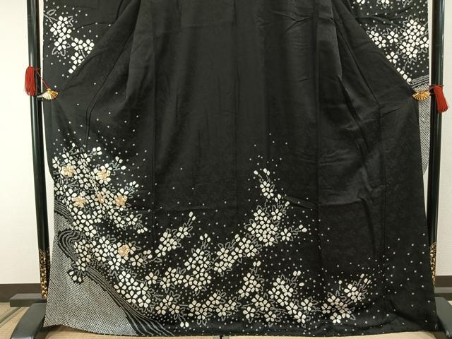 平和屋着物●豪華振袖 駒刺繍 絞り 舞花文 黒地 正絹 逸品 AABI1397fy