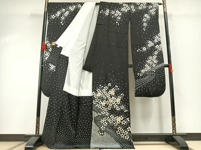平和屋着物●豪華振袖 駒刺繍 絞り 舞花文 黒地 正絹 逸品 AABI1397fy