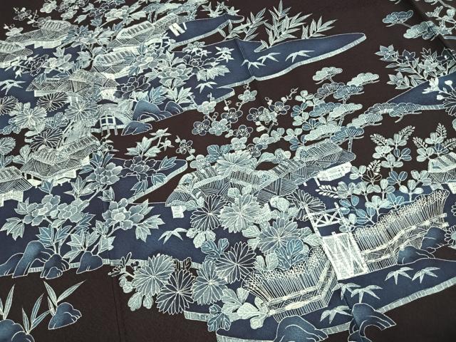 平和屋着物●訪問着 本藍 風景花文 正絹 逸品 AABI1398fy