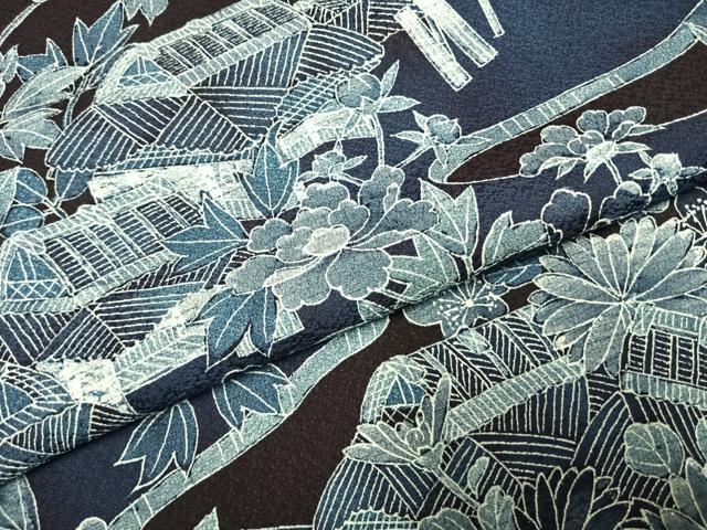 平和屋着物●訪問着 本藍 風景花文 正絹 逸品 AABI1398fy