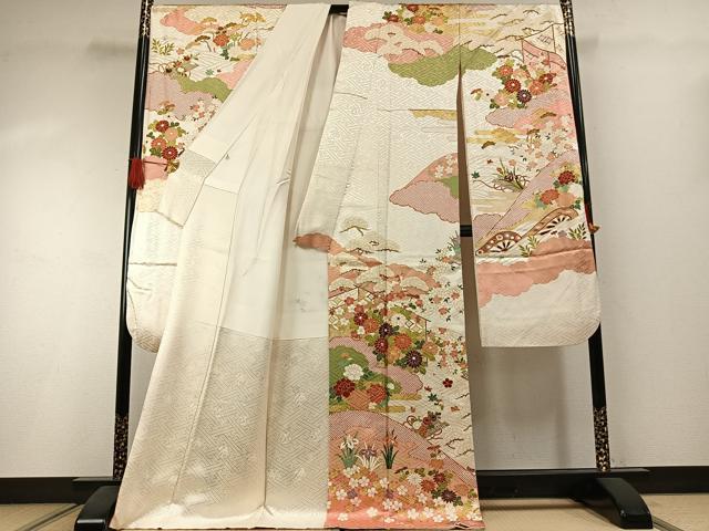 平和屋着物●豪華振袖 駒刺繍 御所車花文 金彩 正絹 逸品 AABI1416fy