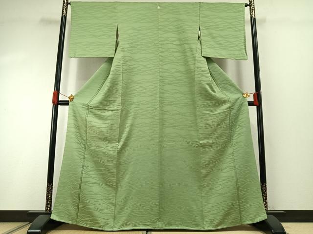 平和屋着物●上質な色無地 幾何学地紋 若葉色 正絹 逸品 AABI1421fy