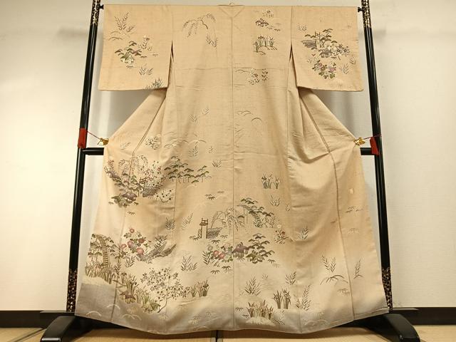 平和屋着物●訪問着 紬地 作家物 松竹梅 風景花文 やまと誂製 正絹 逸品 AABI1428fy
