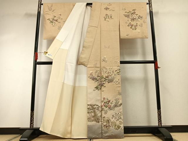 平和屋着物●訪問着 紬地 作家物 松竹梅 風景花文 やまと誂製 正絹 逸品 AABI1428fy