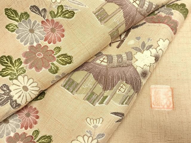 平和屋着物●訪問着 紬地 作家物 松竹梅 風景花文 やまと誂製 正絹 逸品 AABI1428fy