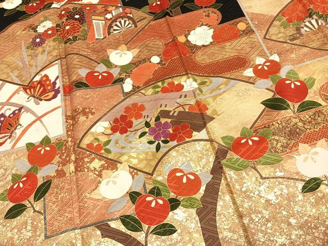 平和屋着物●豪華振袖 駒刺繍 御所車花鳥文 黒地 金彩 正絹 逸品 AABI1431fy
