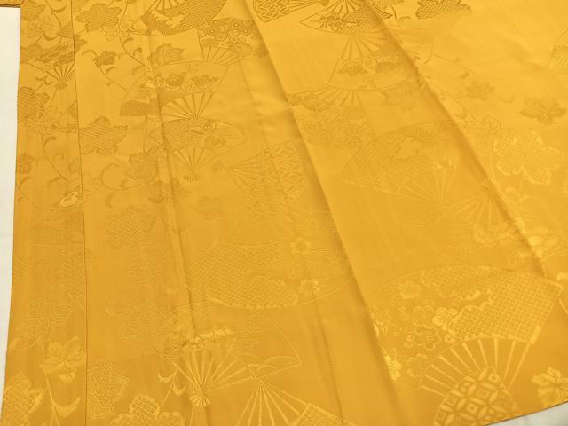 平和屋着物●振袖用長襦袢 無双仕立て 扇面花地紋 山吹色 半衿刺繍 正絹 逸品 AABI1451fy