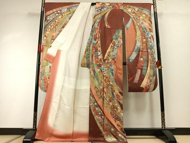 平和屋着物●紫綬褒章 巨匠『岩田専太郎』 振袖 駒刺繍 熨斗花鳥文 暈し染め 金彩 正絹 逸品 AABI1489fy
