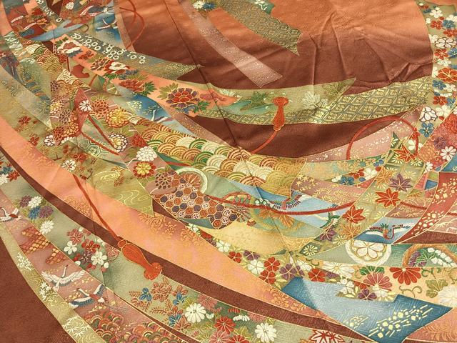 平和屋着物●紫綬褒章 巨匠『岩田専太郎』 振袖 駒刺繍 熨斗花鳥文 暈し染め 金彩 正絹 逸品 AABI1489fy