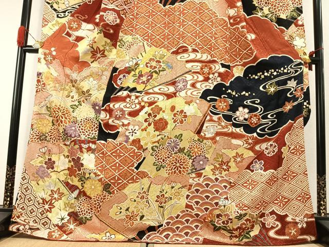 平和屋着物●豪華振袖 駒刺繍 草花文 金彩 正絹 逸品 未使用 AABI1493fy