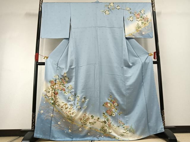 平和屋着物●訪問着 駒刺繍 扇面花文 暈し染め 金銀彩 さが美扱い 正絹 逸品 AABI1503fy