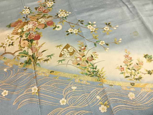 平和屋着物●訪問着 駒刺繍 扇面花文 暈し染め 金銀彩 さが美扱い 正絹 逸品 AABI1503fy
