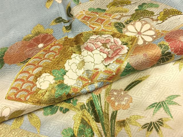 平和屋着物●訪問着 駒刺繍 扇面花文 暈し染め 金銀彩 さが美扱い 正絹 逸品 AABI1503fy