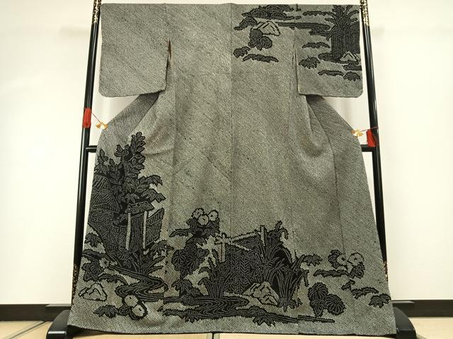 平和屋着物●訪問着 総絞り 風景花文 黒地 正絹 逸品 未使用 AABI1515fy