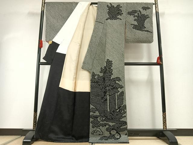 平和屋着物●訪問着 総絞り 風景花文 黒地 正絹 逸品 未使用 AABI1515fy