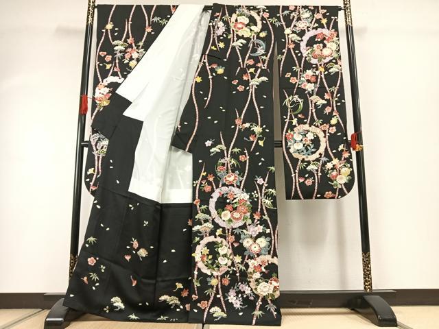 平和屋着物●豪華振袖 雪輪花文 黒地 金彩 正絹 逸品 AABI1522fy