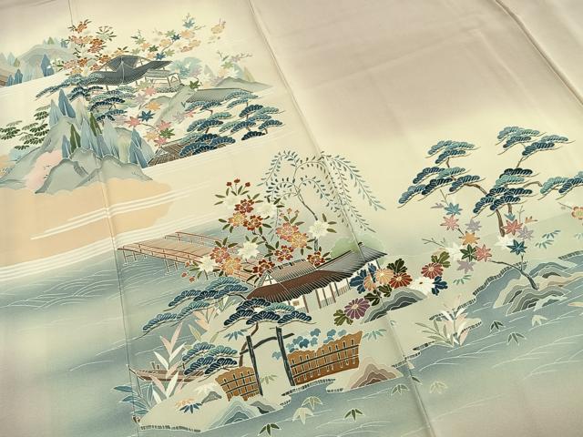 平和屋着物●熊崎和人 訪問着 友禅 風景花文 暈し染め 正絹 逸品 AABI1528fy