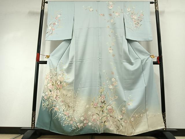 平和屋着物●訪問着 友禅 草花文 暈し染め 金彩 丹後ちりめん 反端付き 正絹 逸品 未使用 AABI1531fy