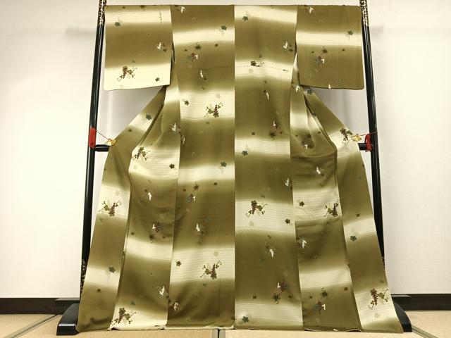 平和屋着物●世界的友禅作家 千地泰弘 小紋 葡萄蔦の葉文 暈し染め 金彩 ロング丈 正絹 逸品 AABI1532fy