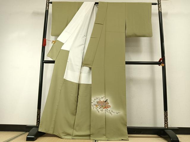 平和屋着物●色留訪問着 作家物 人物文 青朽葉色 暈し染め 正絹 逸品 AABI1588fy