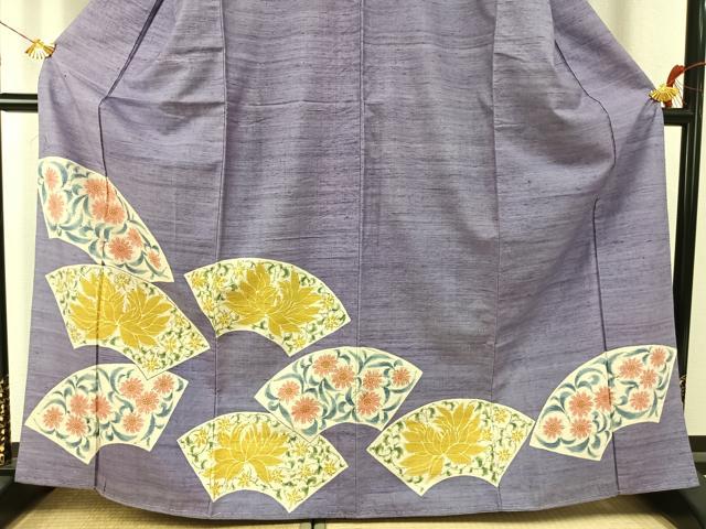 平和屋着物●訪問着 紬地 扇面花文 正絹 逸品 未使用 AABI1601fy