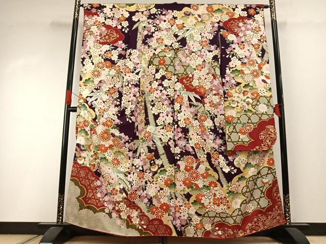 平和屋着物●豪華振袖 駒刺繍 草花文 金彩 正絹 逸品 AABI1612fy