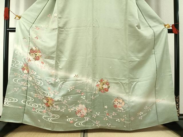 平和屋着物●訪問着 友禅 刺繍 花蝶文 暈し染め 金彩 正絹 逸品 AABI1637fy