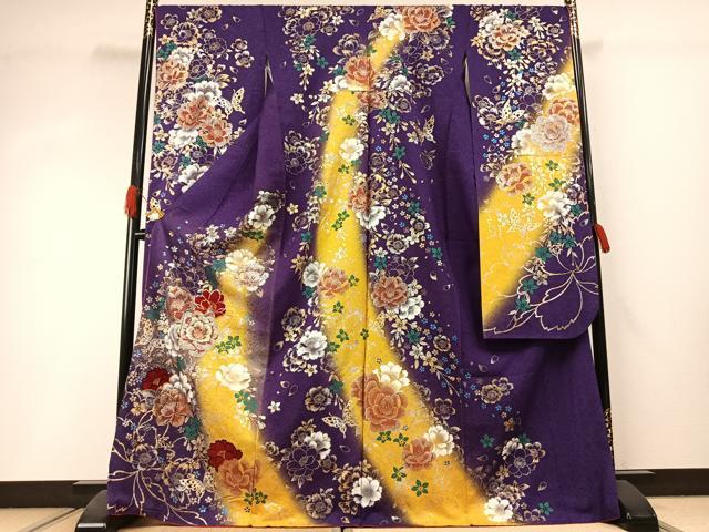 平和屋着物●豪華振袖 草花文 暈し染め 金銀糸 金銀彩 銀通し地 正絹 逸品 AABI1640fy