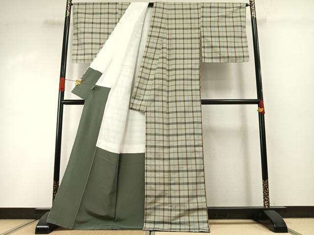 平和屋着物●上質な紬 格子 正絹 逸品 未使用 AABI1643fy