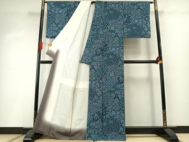 平和屋着物●上質な小紋 藍 切嵌更紗花蝶文 正絹 逸品 未使用 AABI1647fy