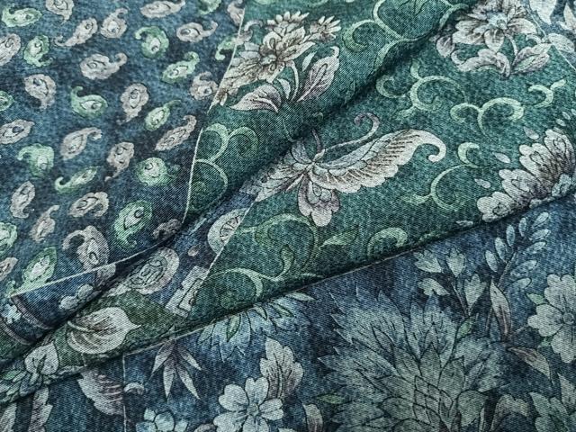 平和屋着物●上質な小紋 藍 切嵌更紗花蝶文 正絹 逸品 未使用 AABI1647fy
