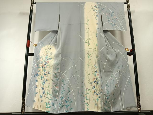 平和屋着物●名匠・初代由水十久師事 本加賀友禅作家 竹内銀風 訪問着 枝花文 暈し染め 反端付き 正絹 逸品 AABI1660fy