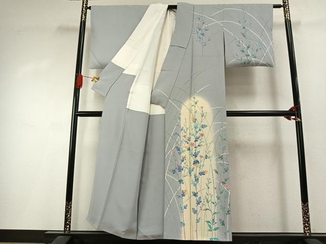 平和屋着物●名匠・初代由水十久師事 本加賀友禅作家 竹内銀風 訪問着 枝花文 暈し染め 反端付き 正絹 逸品 AABI1660fy