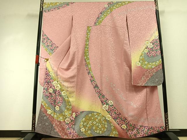 平和屋着物●豪華振袖 駒刺繍 草花文 暈し染め 銀彩 金通し地 正絹 逸品 AABI1668fy