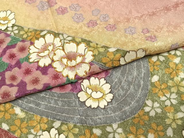 平和屋着物●豪華振袖 駒刺繍 草花文 暈し染め 銀彩 金通し地 正絹 逸品 AABI1668fy