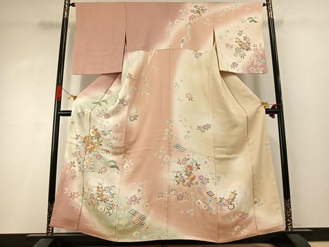 平和屋着物●訪問着 駒刺繍 草花文 暈し染め 金彩 三越扱い 正絹 逸品 AABI1696fy