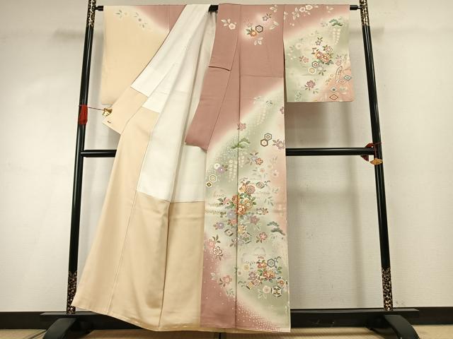 平和屋着物●訪問着 駒刺繍 草花文 暈し染め 金彩 三越扱い 正絹 逸品 AABI1696fy