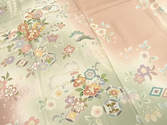 平和屋着物●訪問着 駒刺繍 草花文 暈し染め 金彩 三越扱い 正絹 逸品 AABI1696fy
