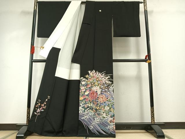 平和屋着物●本加賀友禅作家 寺西次作 黒留袖 草花文 正絹 逸品 AABI1708fy