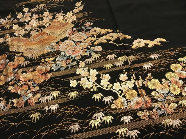 平和屋着物●金彩友禅 卓越技能者・名工・和田光正 黒留袖 松竹梅 風景花文 金銀彩 仮絵羽 正絹 逸品 未使用 AABI1711fy