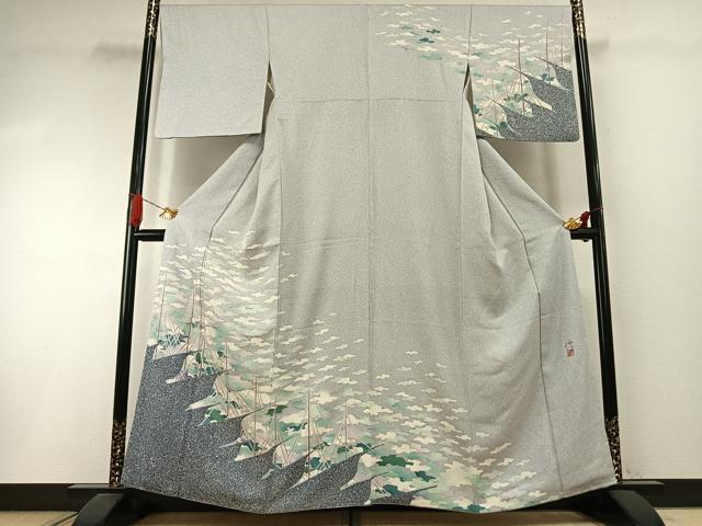 平和屋着物●染織工芸作家 京手描友禅 田村信之 訪問着 網干 正絹 逸品 AABI1718fy