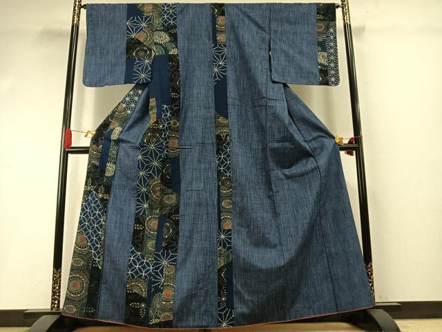 平和屋着物●上質な紬 刺繍 刺子 切継 間道 正絹 逸品 AABI1722fy