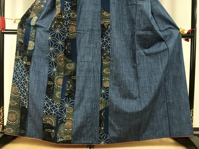 平和屋着物●上質な紬 刺繍 刺子 切継 間道 正絹 逸品 AABI1722fy