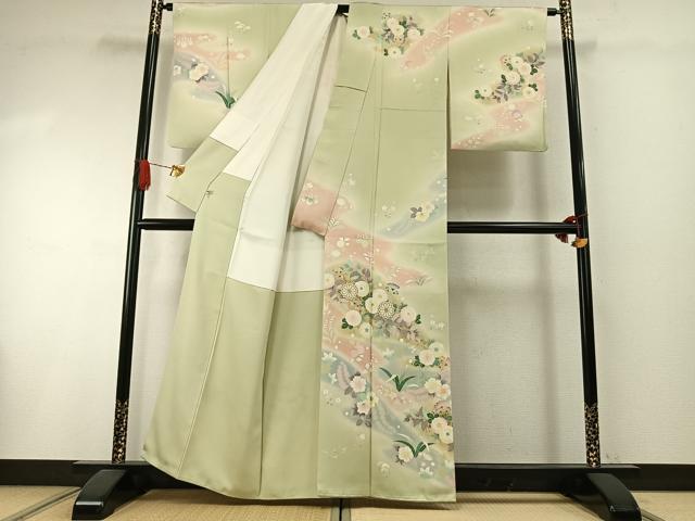 平和屋着物●訪問着 駒刺繍 草花文 暈し染め 金彩 正絹 逸品 AABI1724fy