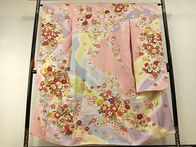 平和屋着物●豪華振袖 駒刺繍 御所車花文 暈し染め 金彩 正絹 逸品 AABI1729fy