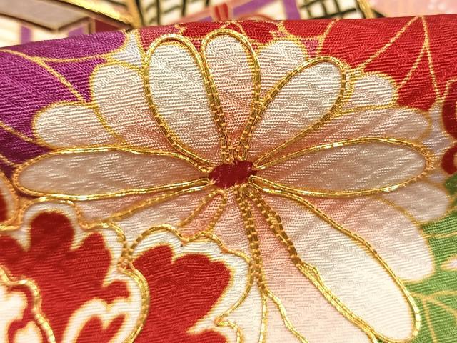 平和屋着物●豪華振袖 駒刺繍 御所車花文 暈し染め 金彩 正絹 逸品 AABI1729fy