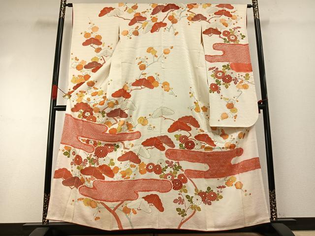 平和屋着物●豪華振袖 駒刺繍 枝梅松文 金銀彩 三越扱い 正絹 逸品 AABI1736fy